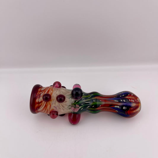 Red Wrap n Rake Chillum Pipe Fully Worked Pipe Silver Fumed