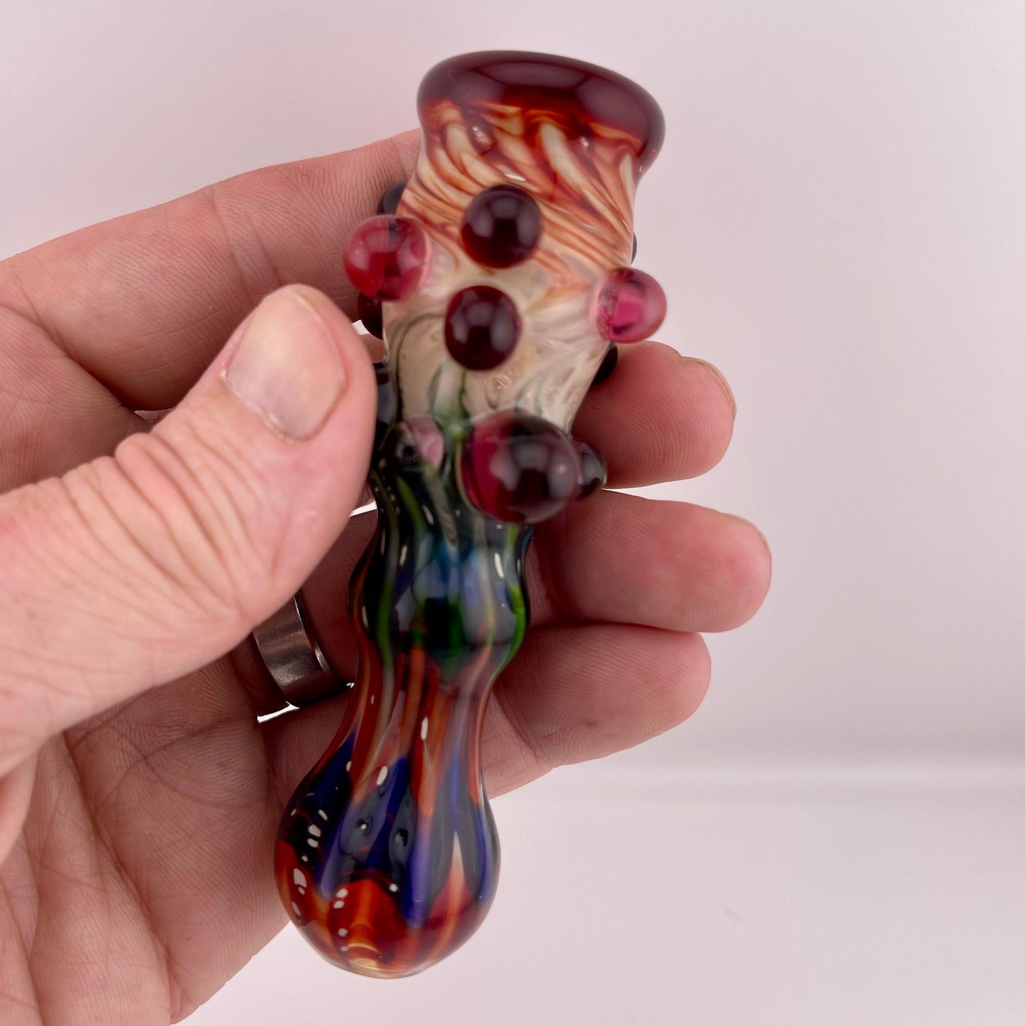 Red Wrap n Rake Chillum Pipe Fully Worked Pipe Silver Fumed