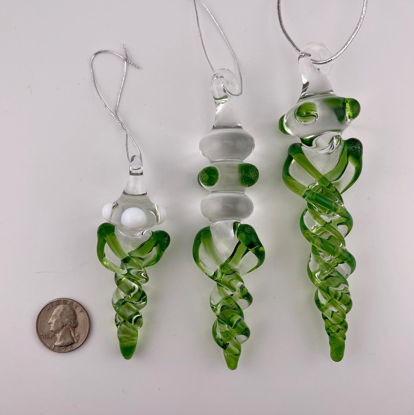 3 Pack of Plantphibian Green Glass Icicle Ornament Designs “Holiday Special”