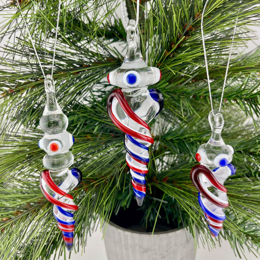 3 Pack of Elvis Red and Cobalt Blue over Lotus White Glass Icicle Ornament Designs “Holiday Special” - JeffBeckerGlass.com