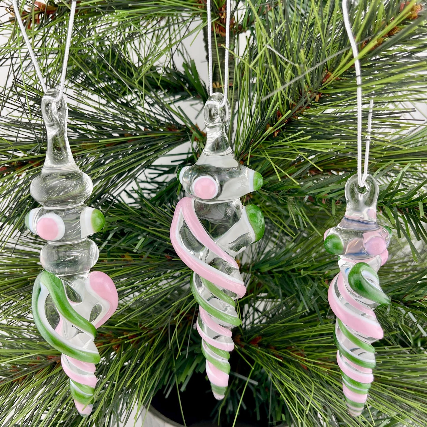 3 Pack of Pink and Sparkly Green over Lotus White Glass Icicle Ornament Designs “Holiday Special”