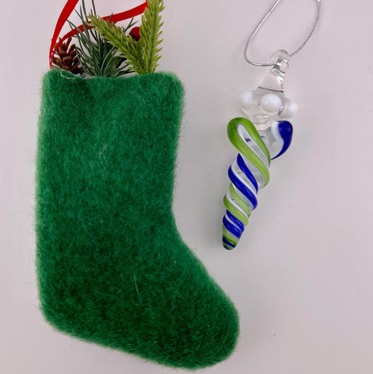 Mini Glass Icicle Ornament with Plantphibian Green and Cobalt Blue over Lotus White Color Twist