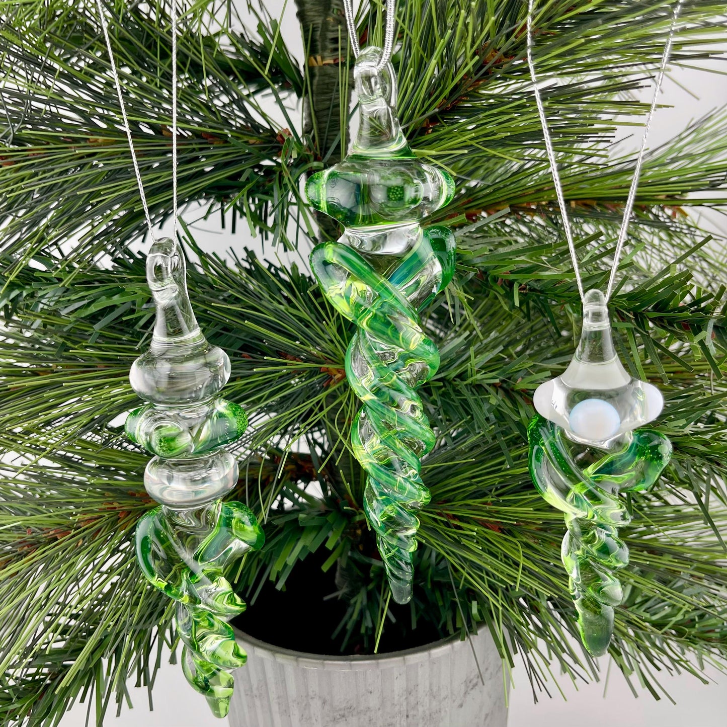 3 Pack of Plantphibian Green Glass Icicle Ornament Designs “Holiday Special”
