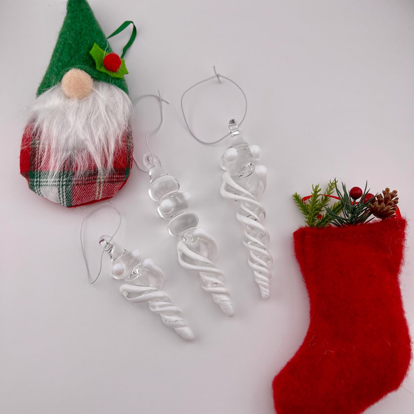 3 Pack of White Glass Icicle Ornament Designs “Holiday Special”