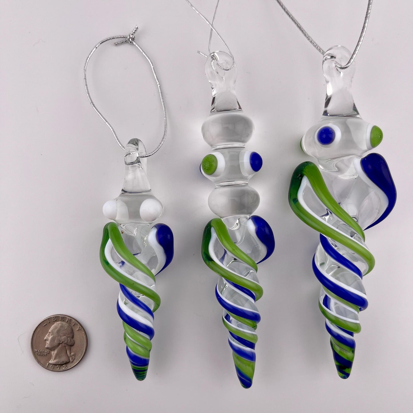 3 Pack of Sparkly Green and Cobalt Blue over Lotus White Glass Icicle Ornament Designs “Holiday Special”