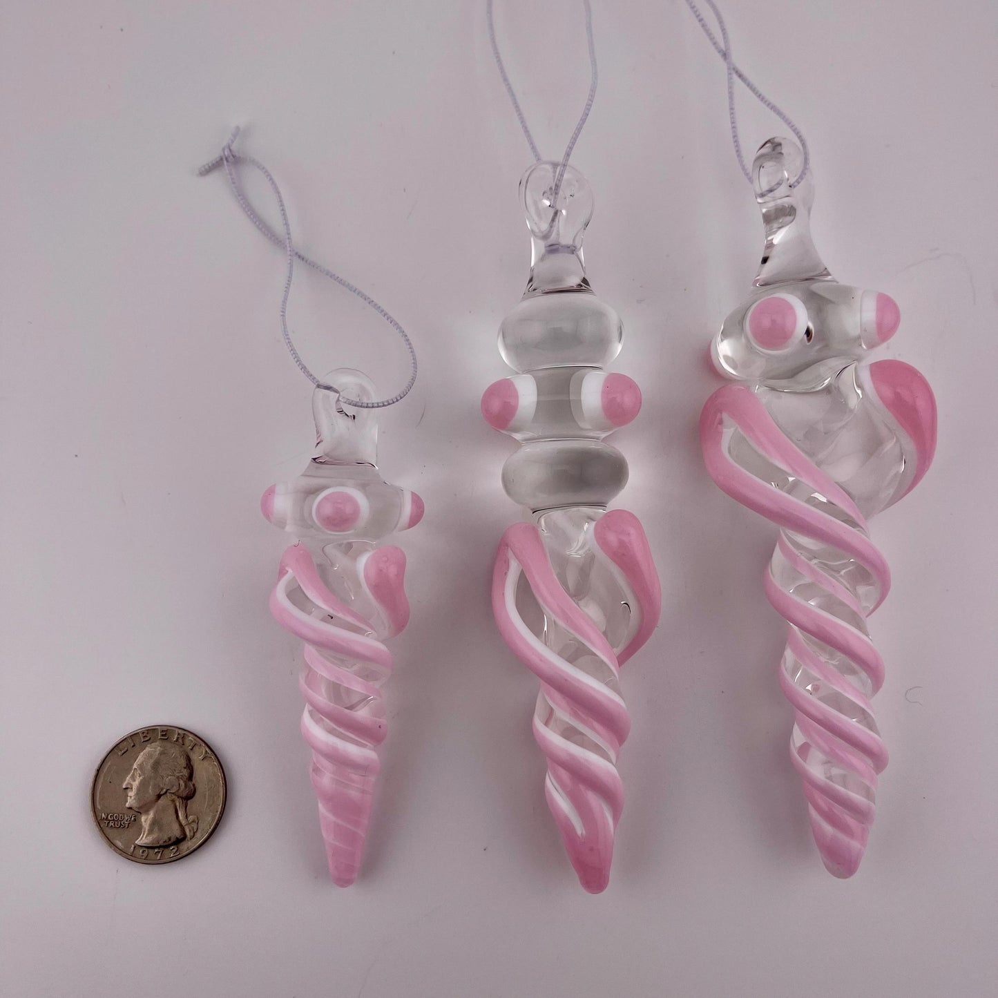 3 Pack of Pink over Lotus White Glass Icicle Ornament Designs “Holiday Special”
