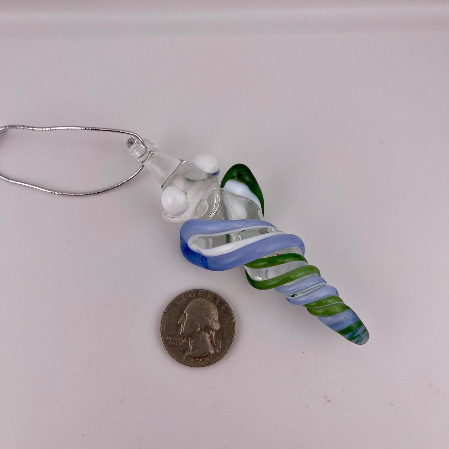 Mini Glass Icicle Ornament with Sparkly Green and Light Blue over Lotus White Color Twist