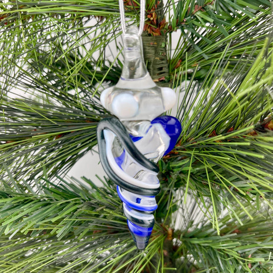 Mini Glass Icicle Ornament with Heavy Blue Leprechaun and Cobalt Blue over Lotus White Color Twister - JeffBeckerGlass.com