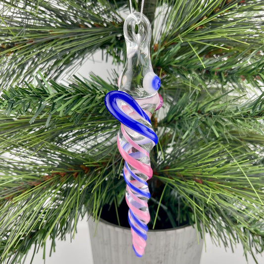 Cobalt Blue and Telemagenta over White Glass Icicle Christmas Ornament