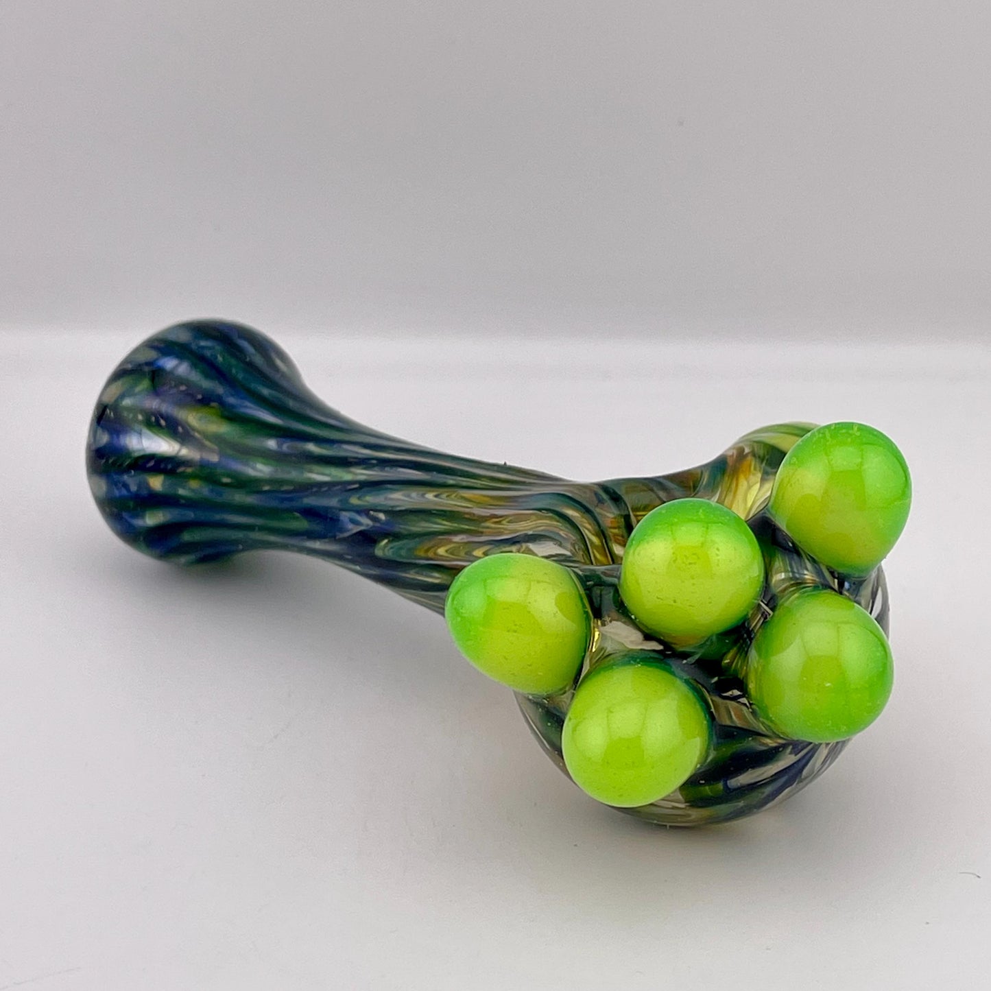 Wrap n Raked  Green and Slime Green marbles and Silver Fumed Spoon Pipe with light blue marbles
